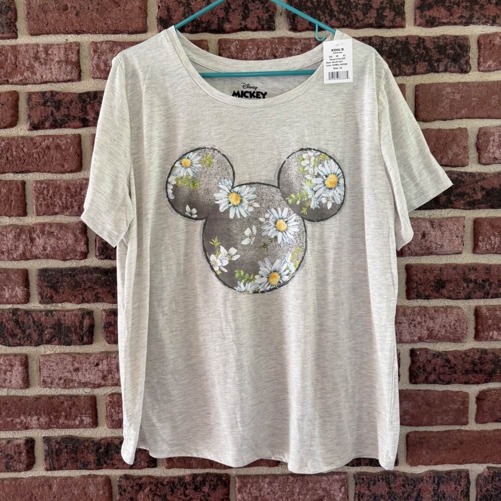 Disney Mickey Mouse Floral T-Shirt Gray 1X Plus Botanical Daisy Park New Tags